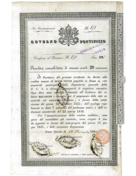 GOVERNO PONTIFICIO - CONS. ROMANO CERT. AL PORTATORE ROMA 1860
