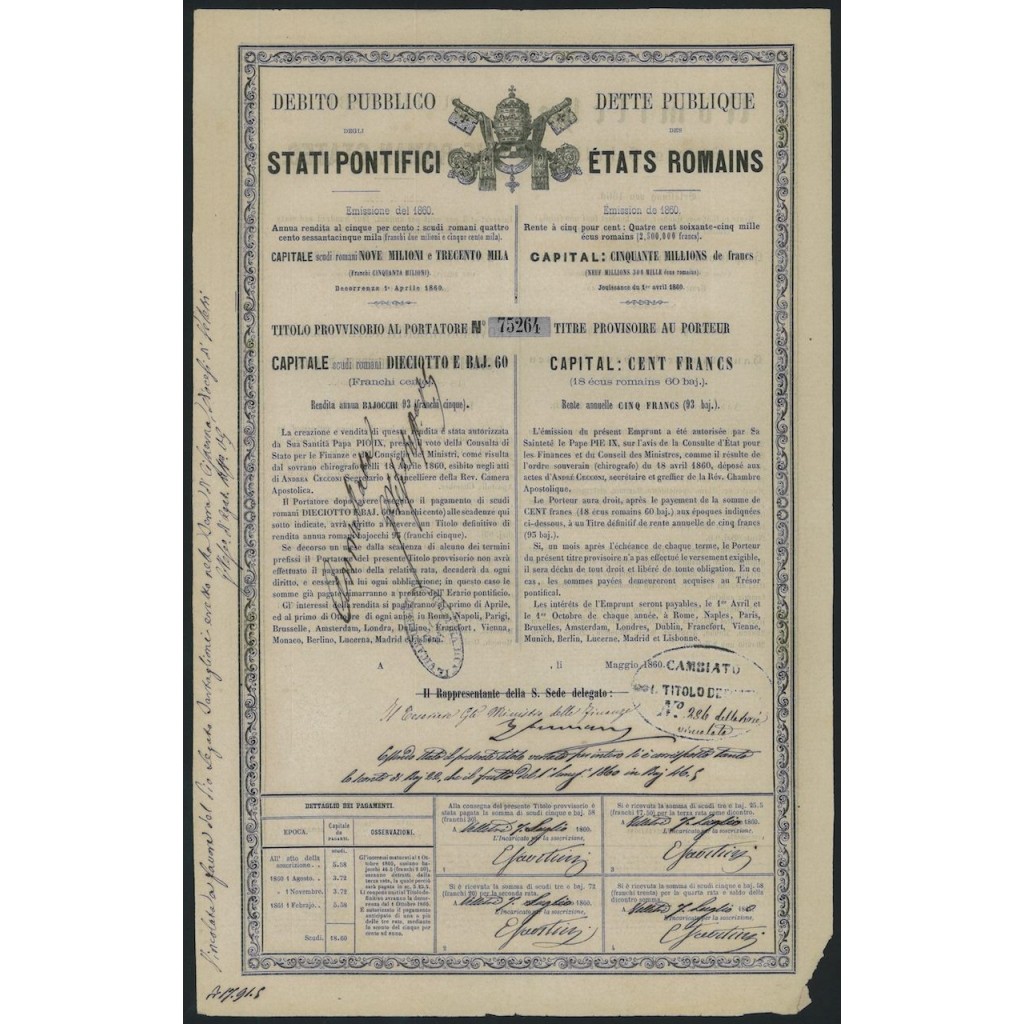 DEB. PUBBLICO STATI PONTIFICI TITOLO PROVVISORIO 18 BAJ e 60 - 1860