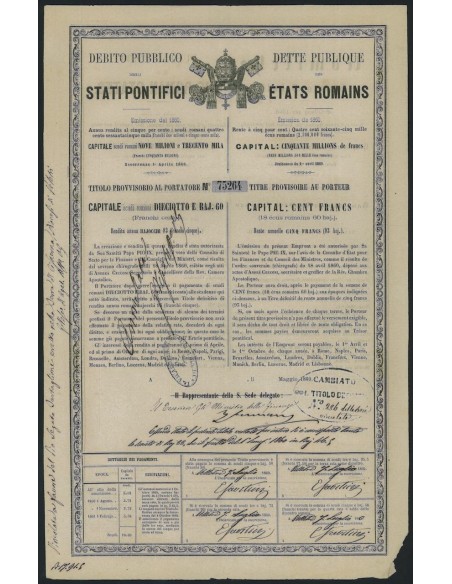 DEB. PUBBLICO STATI PONTIFICI TITOLO PROVVISORIO 18 BAJ e 60 - 1860