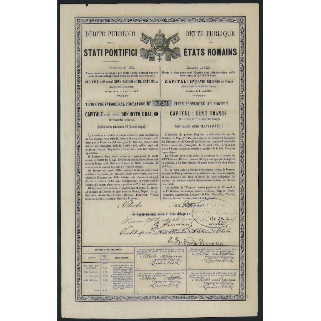 DEB. PUBBLICO STATI PONTIFICI TITOLO PROVVISORIO 18 BAJ e 60 - 1860