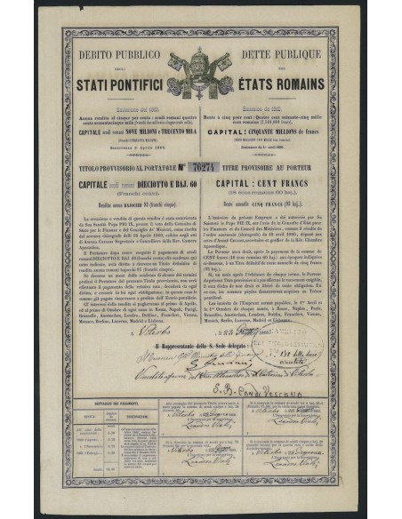 DEB. PUBBLICO STATI PONTIFICI TITOLO PROVVISORIO 18 BAJ e 60 - 1860