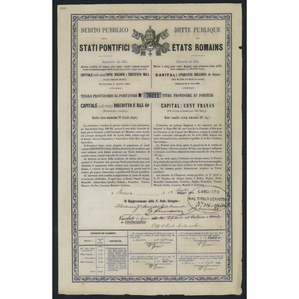 DEB. PUBBLICO STATI PONTIFICI TITOLO PROVVISORIO 18 BAJ e 60 - 1860