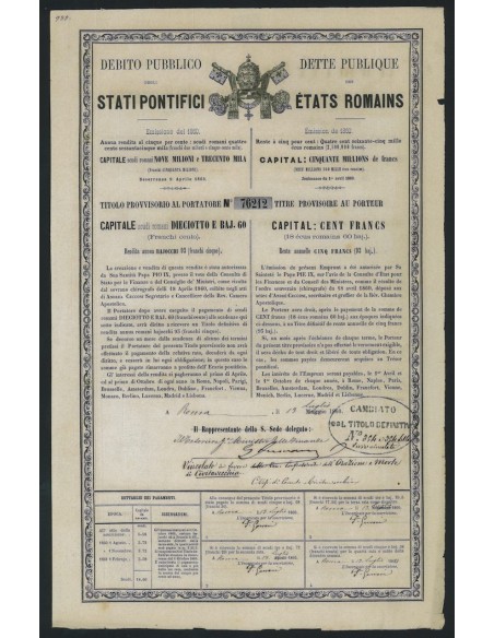 DEB. PUBBLICO STATI PONTIFICI TITOLO PROVVISORIO 18 BAJ e 60 - 1860