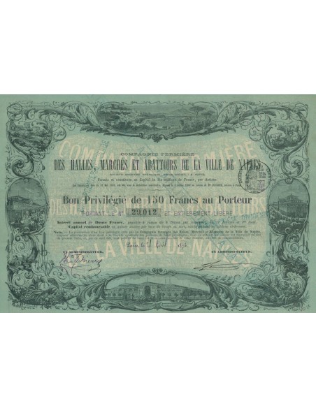 COMP. FERMIERE DES HALLES, MARCHES ET ABATTOIRS DE LA VILLE DE NAPLES BON 1874
