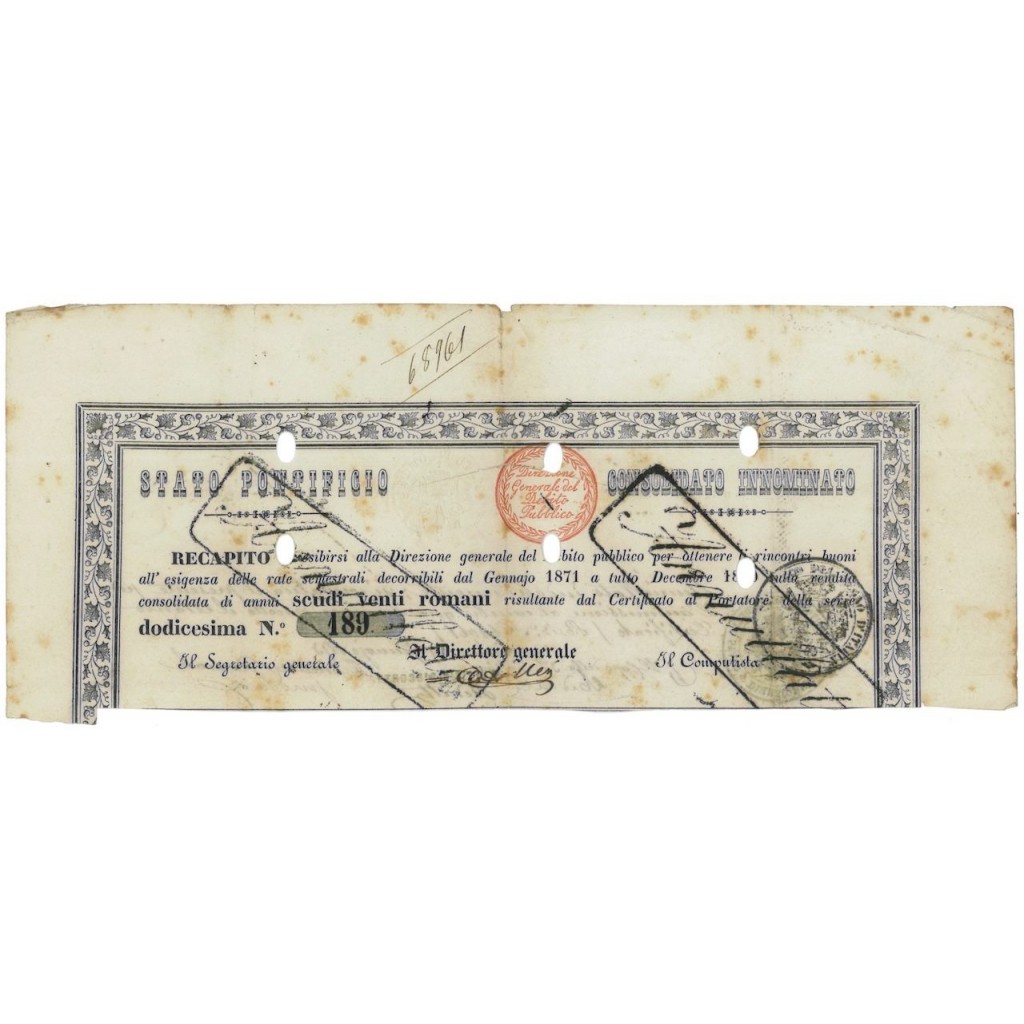 STATO PONTIFICIO - CONSOLIDATO ROMANO CERT. RENDITA 20 SCUDI - 1871