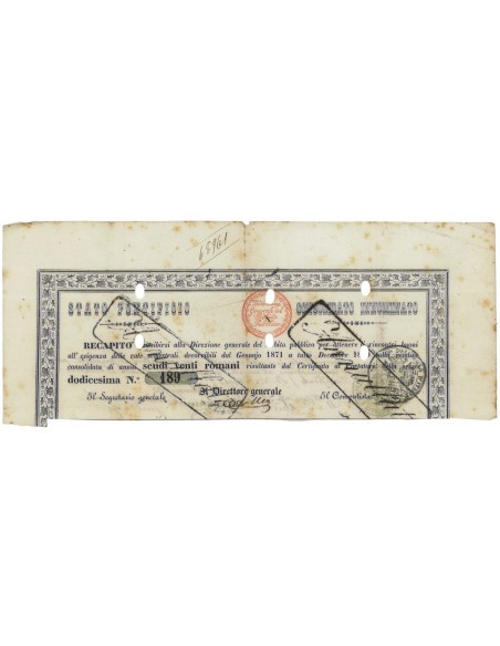 STATO PONTIFICIO - CONSOLIDATO ROMANO CERT. RENDITA 20 SCUDI - 1871