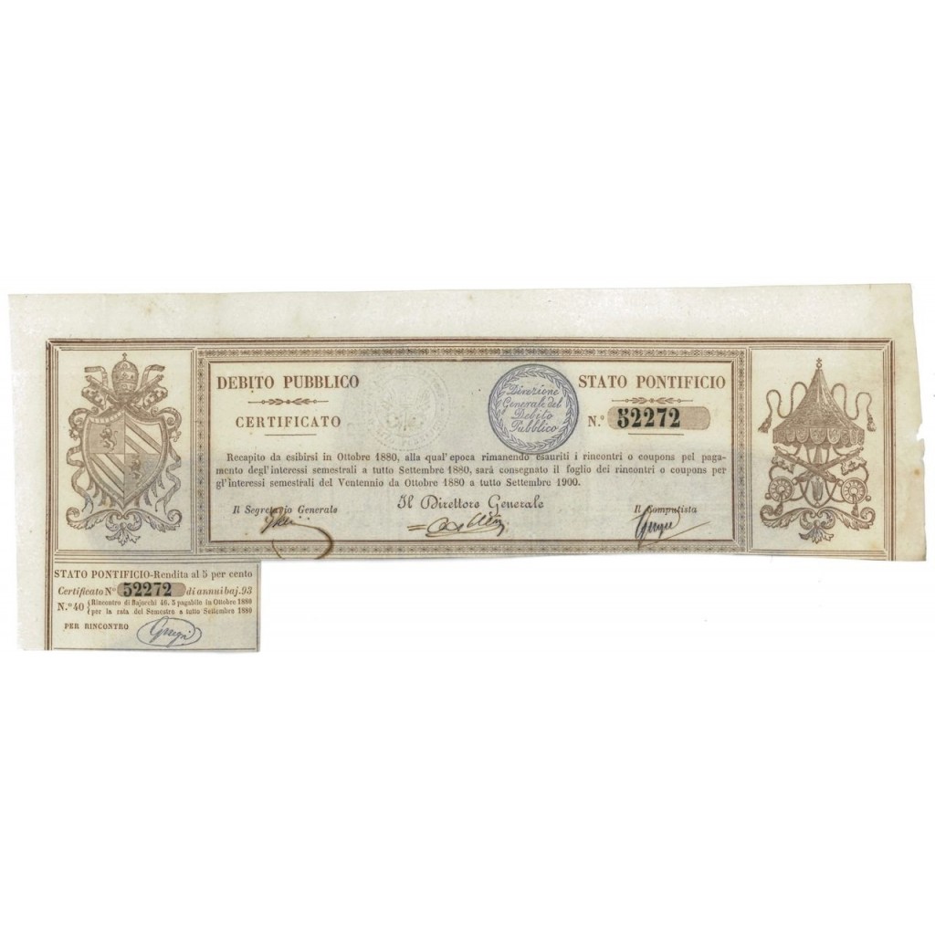 STATO PONTIFICIO - OBBLIGAZIONI 5% - 1880