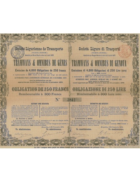 SOC. LIGURE DI TRASPORTI TRAMWAYS & OMNIBUS DI GENOVA 1 OBBLIGAZIONE 1879