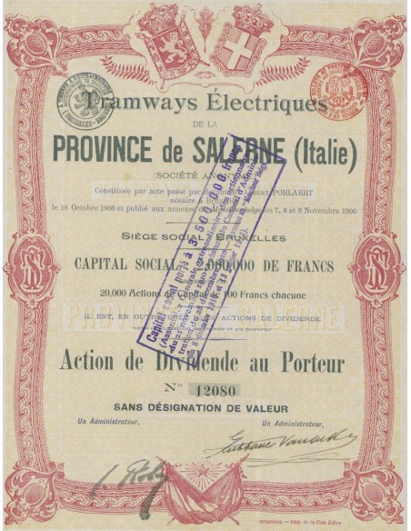TRAMWAYS ELECTRIQUES DE LA PROVINCE DE SALERNE 1 ACTION 1906