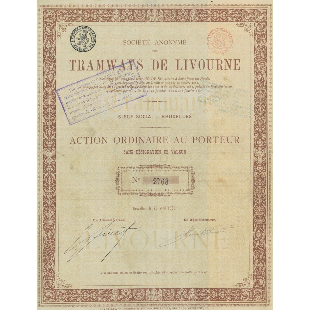 SOC. ANON. TRAMWAYS DE LIVOURNE 1 ACTION 1885