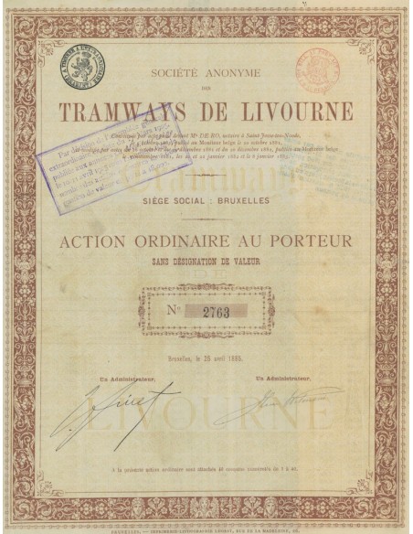 SOC. ANON. TRAMWAYS DE LIVOURNE 1 ACTION 1885