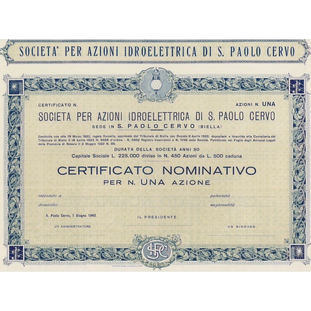 SOC. IDROELETTRICA DI S. PAOLO CERVO 1 AZIONE 1942