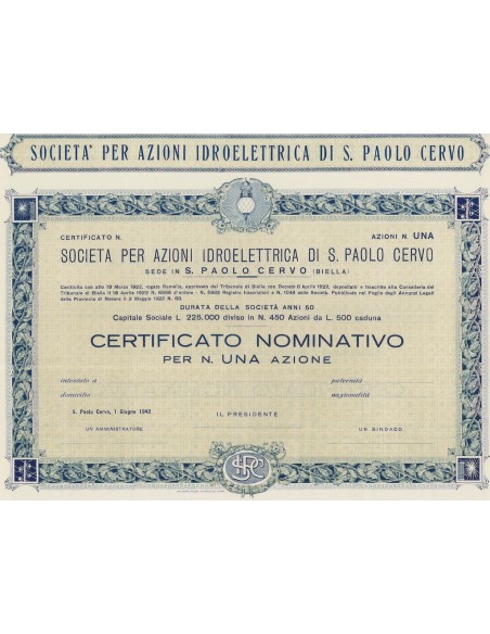 SOC. IDROELETTRICA DI S. PAOLO CERVO 1 AZIONE 1942