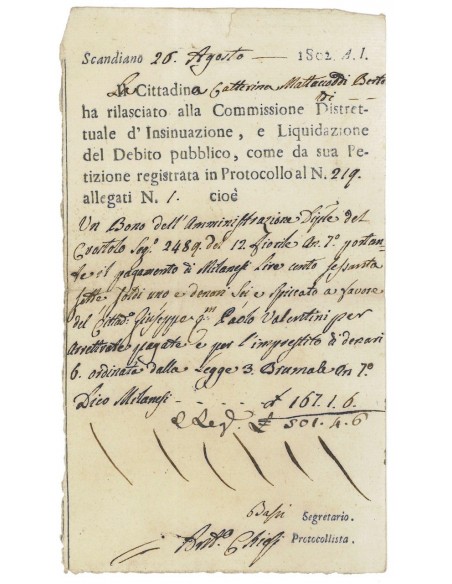 LIQUIDAZIONE DEB. PUBBLICO DI SCANDIANO - 1802