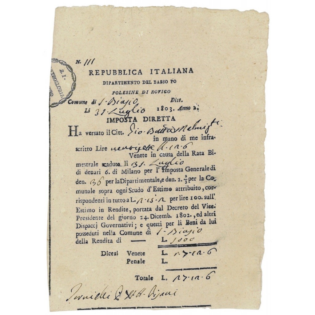 DIPARTIMENTO BASSO PO' - PAGAMENTO IL LIRE VENETE 1803
