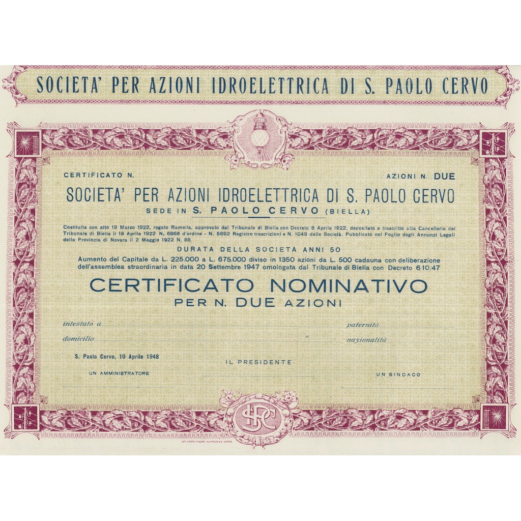 SOC. IDROELETTRICA DI S. PAOLO CERVO SOC. ANONIMA - BIELLA 1948