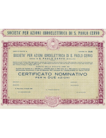 SOC. IDROELETTRICA DI S. PAOLO CERVO SOC. ANONIMA - BIELLA 1948