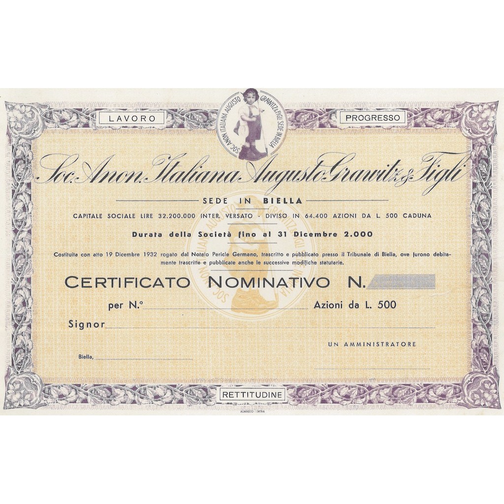 SOC. ANON. ITALIANA AUGUSTO GRAWITZ & FIGLI - AZIONI BIELLA 1932