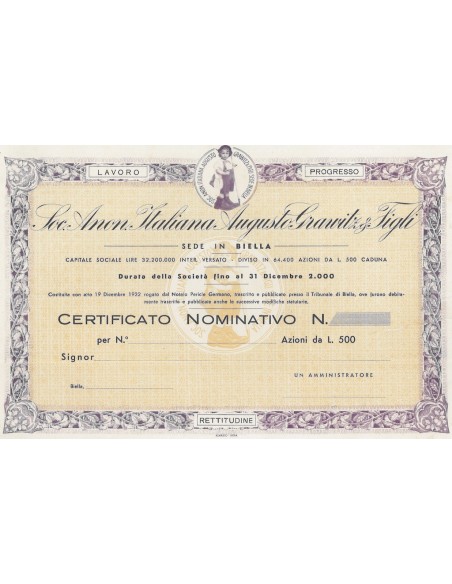 SOC. ANON. ITALIANA AUGUSTO GRAWITZ & FIGLI - AZIONI BIELLA 1932