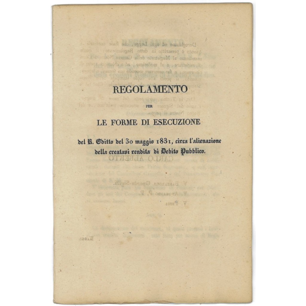 REGOLAMENTO ALIENAZIONE RENDITA DEBITO PUBBLICO 1831