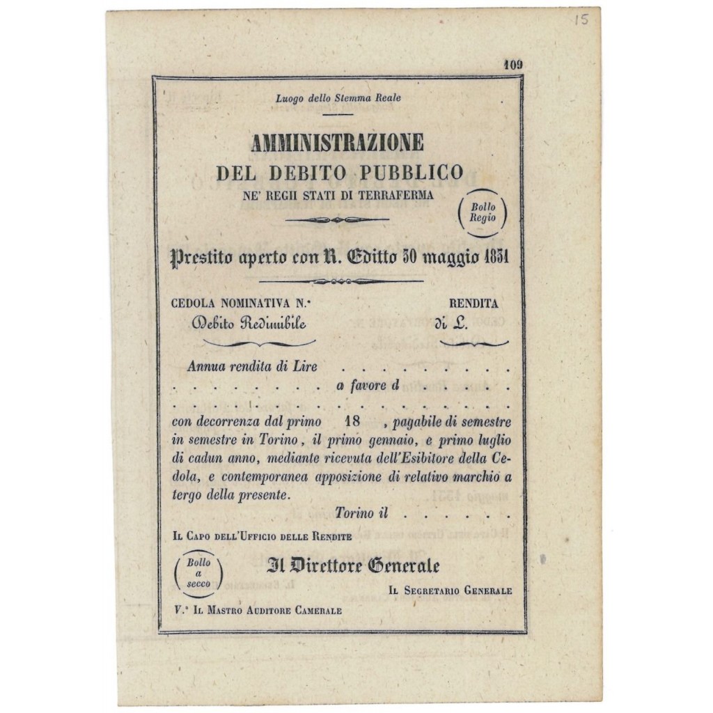 CEDOLA NOMINATIVA CON RENDITA - DEBITO REDIMIBILE - 1831