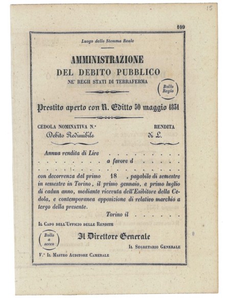 CEDOLA NOMINATIVA CON RENDITA - DEBITO REDIMIBILE - 1831