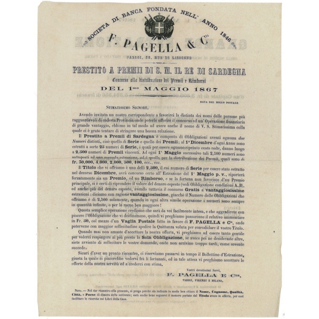 CIRCOLARE CONCORSO DISTRIB. A PREMI 1 MAGGIO 1867