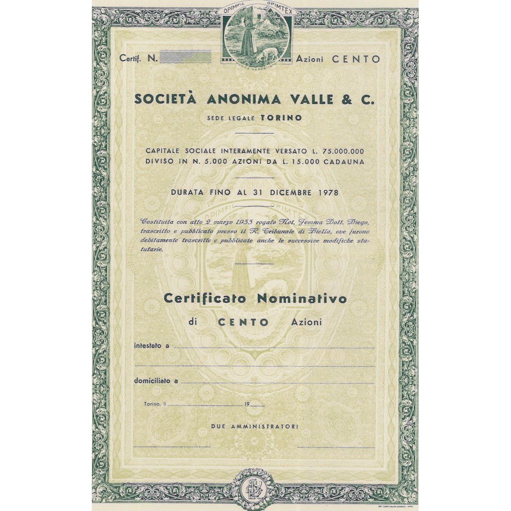 SOCIETA` ANONIMA VALLE & C. C - 100 AZIONI 1933
