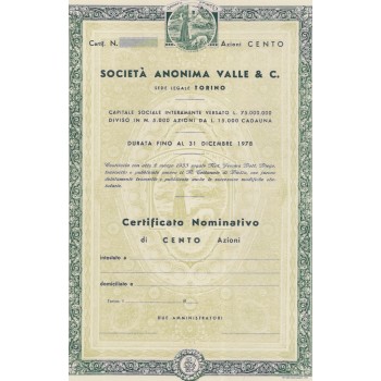 SOCIETA` ANONIMA VALLE & C. C - 100 AZIONI 1933