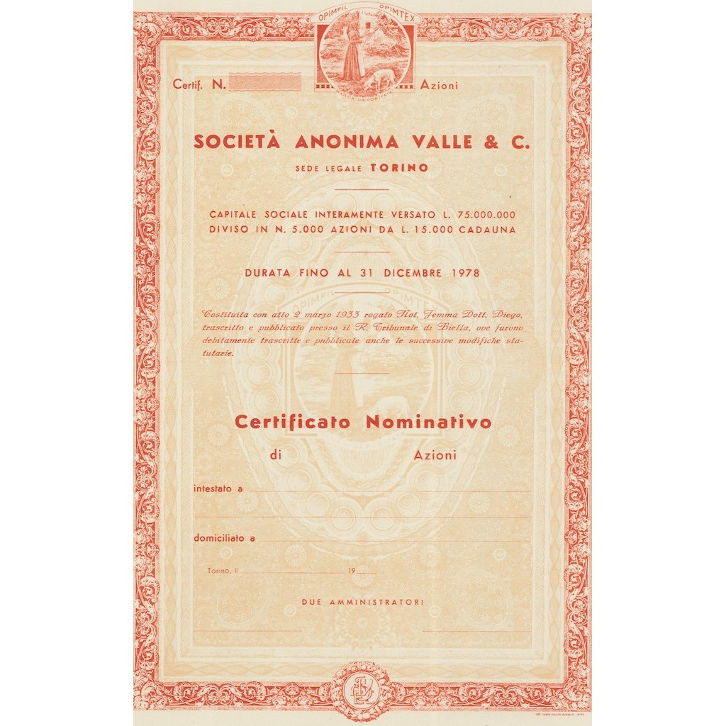 SOCIETA` ANONIMA VALLE & C. - CERTIFICATO NOM. DI AZIONI 1933