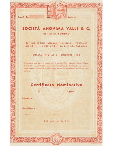 SOCIETA` ANONIMA VALLE & C. - CERTIFICATO NOM. DI AZIONI 1933