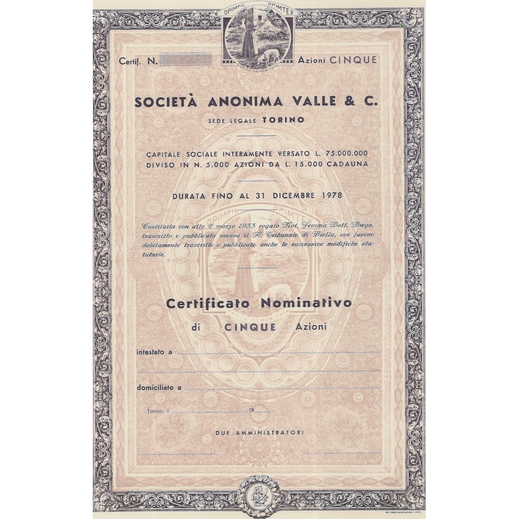 SOCIETA` ANONIMA VALLE & C - 5 AZIONI 1933
