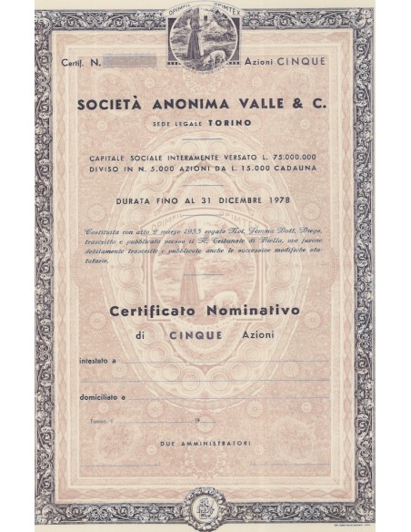 SOCIETA` ANONIMA VALLE & C - 5 AZIONI 1933