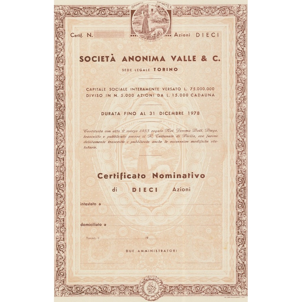 SOCIETA` ANONIMA VALLE & C - 10 AZIONI 1933