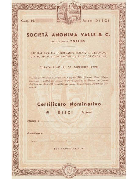 SOCIETA` ANONIMA VALLE & C - 10 AZIONI 1933