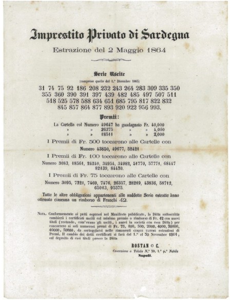 IMP. PRIVATO RE DI SARDEGNA - ESTRAZIONE DEL 1 DICEMBRE, 1864