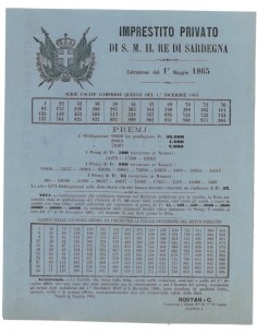 IMP. PRIVATO RE DI SARDEGNA - ESTRAZIONE DEL 1 DICEMBRE, 1865
