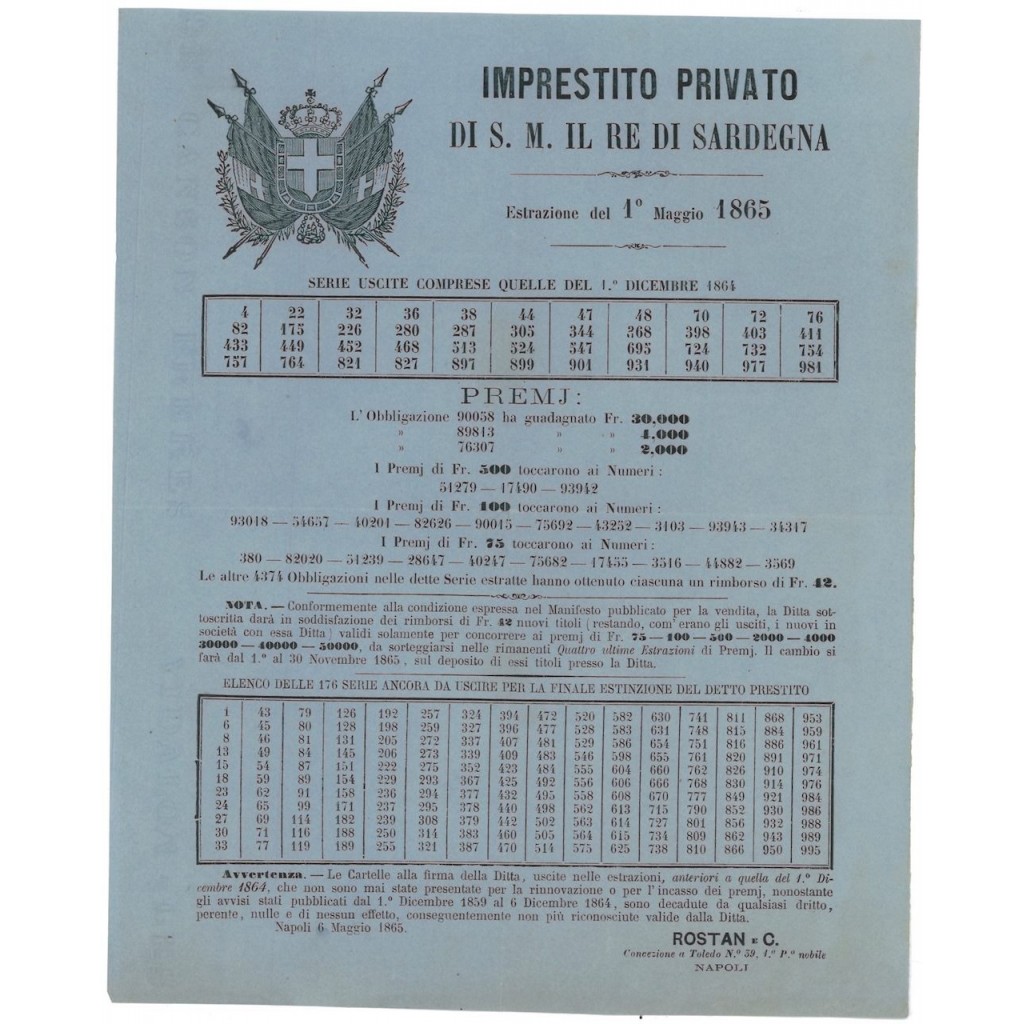 IMP. PRIVATO RE DI SARDEGNA - ESTRAZIONE DEL 1 DICEMBRE, 1865