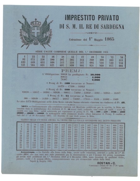 IMP. PRIVATO RE DI SARDEGNA - ESTRAZIONE DEL 1 DICEMBRE, 1865