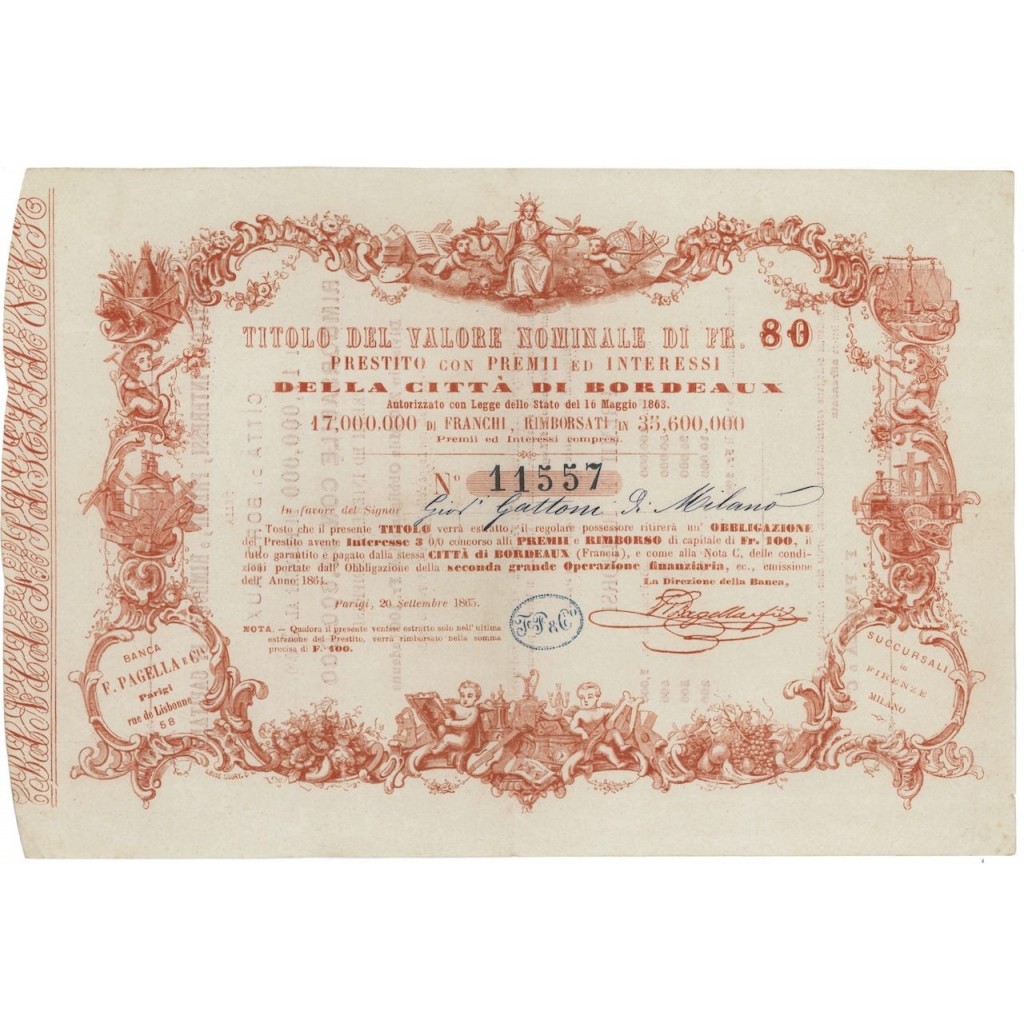 TITOLO DI FRANCHI 80 DELLA CITTA' DI BORDEAUX - PARIGI 1865