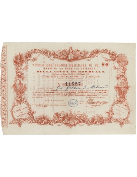 TITOLO DI FRANCHI 80 DELLA CITTA' DI BORDEAUX - PARIGI 1865