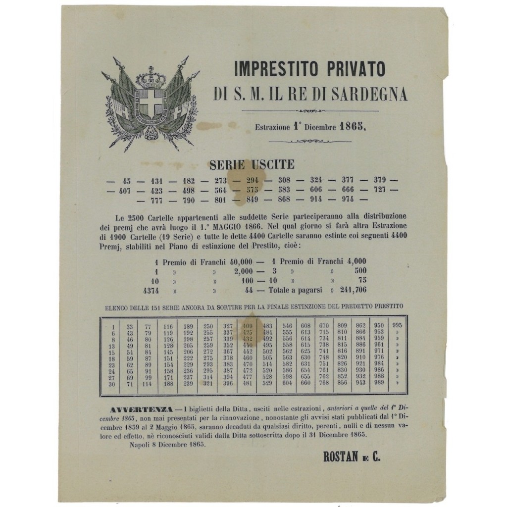 IMP. PRIVATO RE DI SARDEGNA - ESTRAZIONE DEL 1 DICEMBRE, 1865