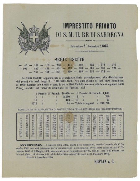 IMP. PRIVATO RE DI SARDEGNA - ESTRAZIONE DEL 1 DICEMBRE, 1865