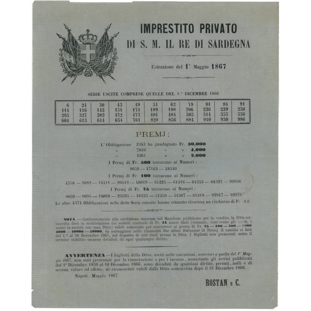 VOLANTINO IMPRESTITO PRIVATO - RE DI SARDEGNA - 1867