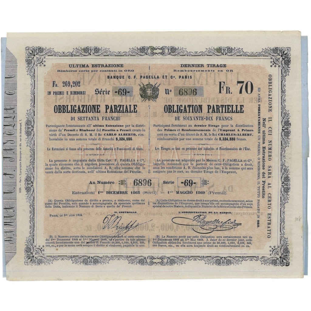 OBBLIGAZIONE PARZIALE 70 FRANCHI - PARIGI 1868