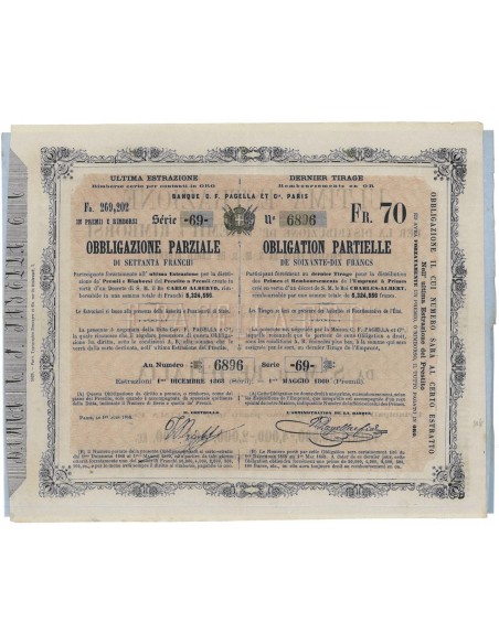OBBLIGAZIONE PARZIALE 70 FRANCHI - PARIGI 1868