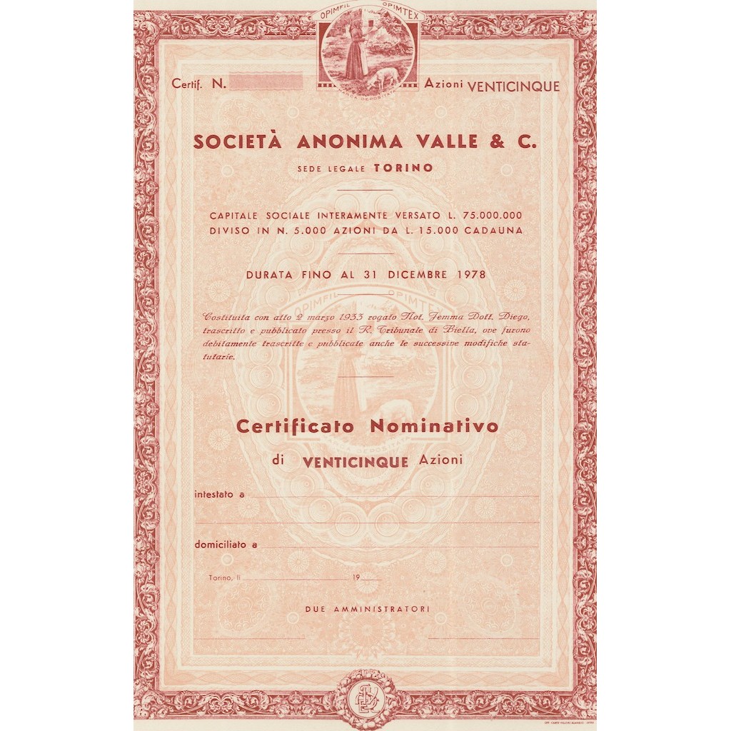 SOCIETA` ANONIMA VALLE & C - 25 AZIONI 1933