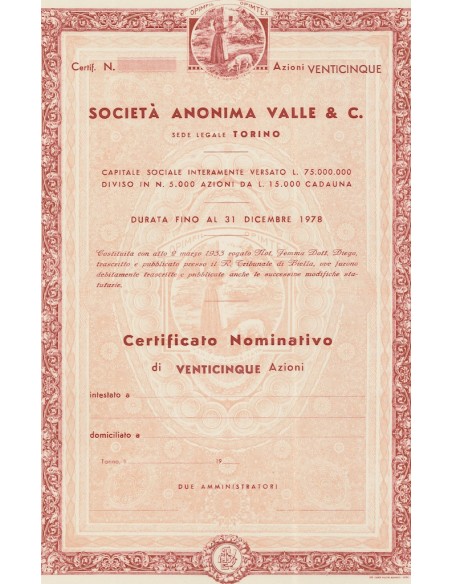 SOCIETA` ANONIMA VALLE & C - 25 AZIONI 1933