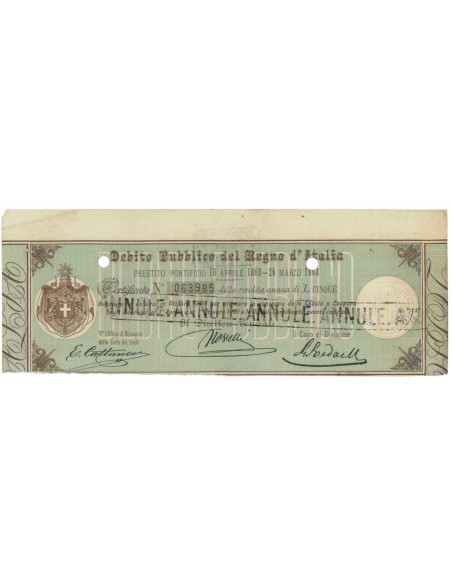 CERTIFICATO DELLA RENDITA ANNUA DI LIRE 5 - 1864