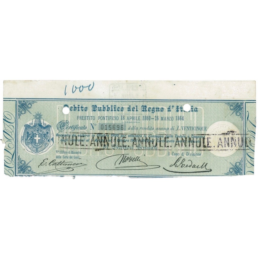 CERTIFICATO DELLA RENDITA ANNUA DI LIRE 25 - 1864